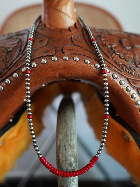 Handmade Jewelry - 16”-18” 4mm Sterling silver Navajo pearl necklace + red stones